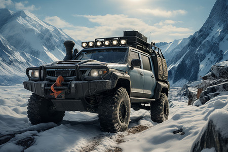 雪山中帅气的越野汽车图片