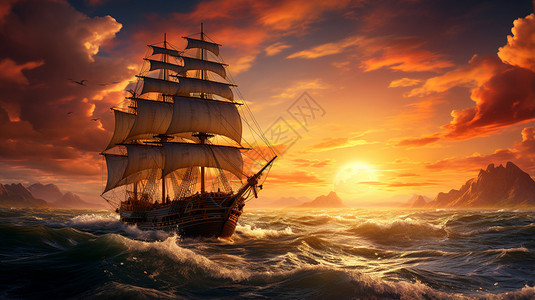 船舶海洋黄昏前行的帆船插画