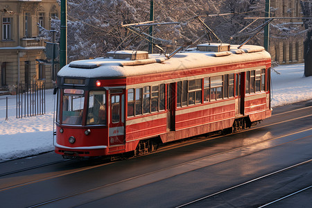 城市交通运输的红色电车图片