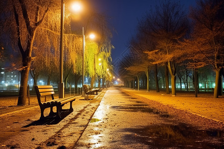 秋季夜晚雨后公园的景观背景图片