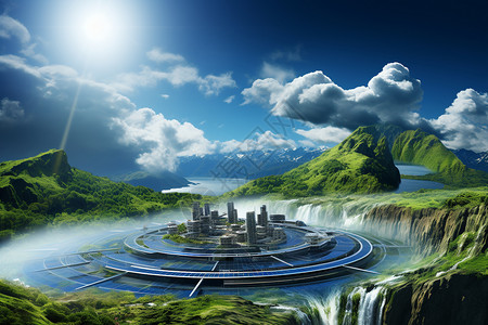 未来派绿色能源城市建筑景观背景图片