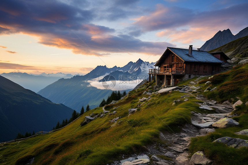 岩石山脉上的小屋图片