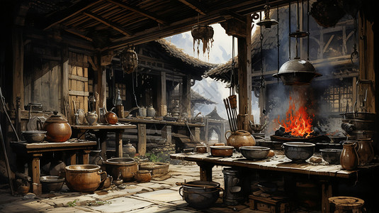 鹅软石路古代的村庄厨房插画