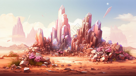 沙漠中的城堡沙漠中的水晶晶体插画