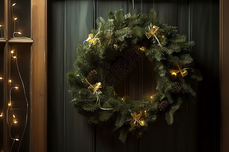 门上挂着的松树花环背景图片