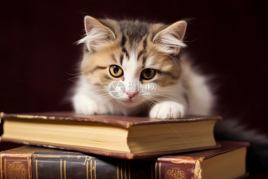 书堆中可爱的猫咪图片