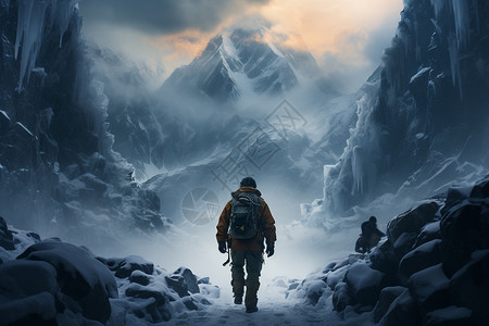 雪山中徒步的男子高清图片
