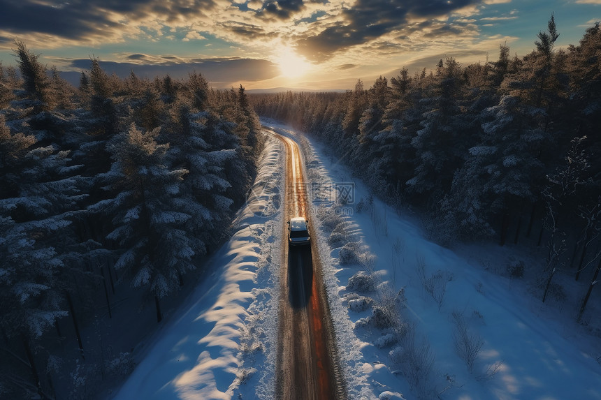 林间道路上行驶的汽车图片