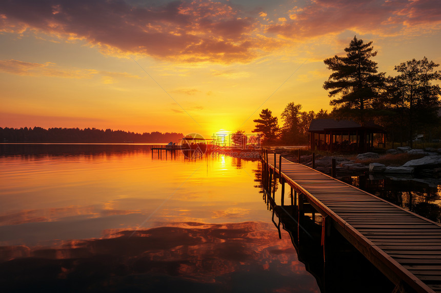 美丽的湖畔黄昏图片