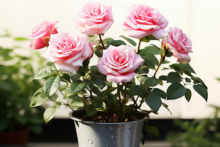 金属花瓶植物浪漫的玫瑰花束背景