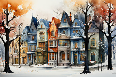 下雪的小镇插图图片