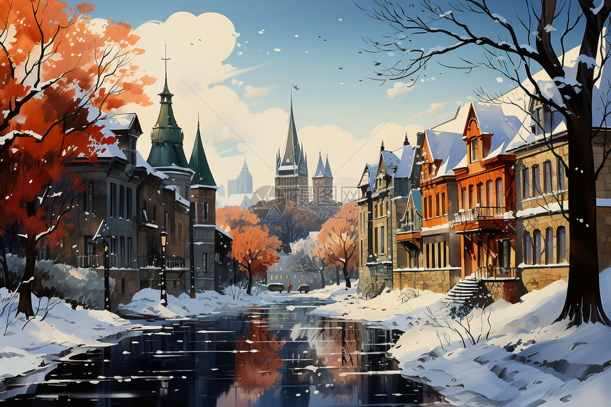 奇幻的冬日小镇插图图片