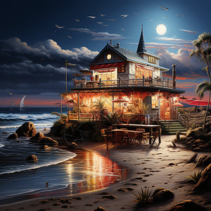 海滨夜景美丽的海滨餐厅插画