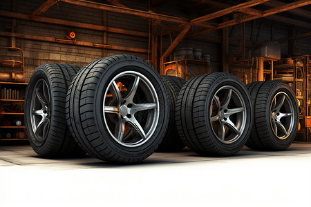 汽车修理厂的轮胎背景图片