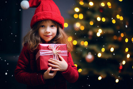 圣诞节抱着礼物的小女孩背景图片
