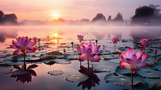 美丽的湖泊与红莲花背景图片