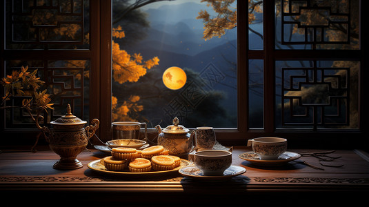 夜晚桌子上的月饼和茶图片