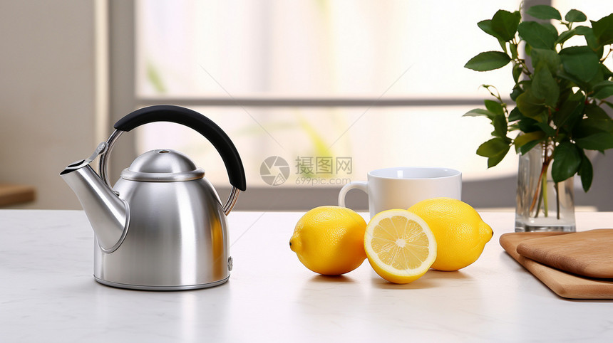 桌子上的茶壶和水果图片