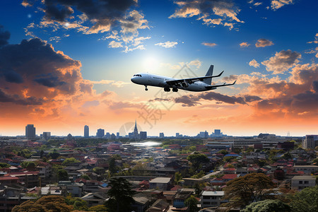 城市上空飞行的飞机背景图片