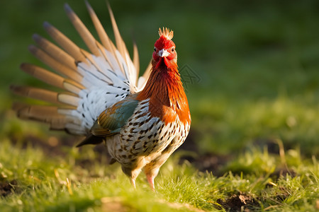 草地中的家禽鸡喂养高清图片素材