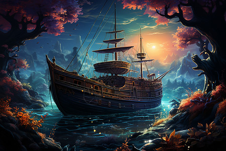 幻境中的渔船绘画背景图片