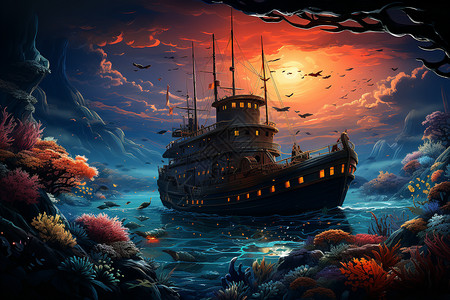 海洋中行驶的渔船背景图片