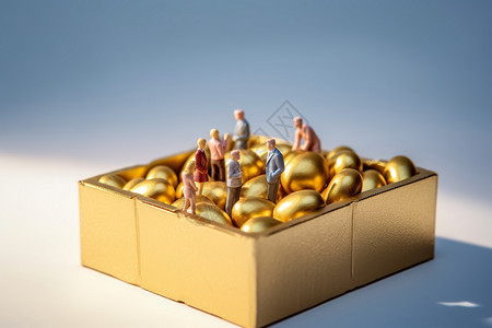 盒子里的金球和人雕塑高清图片