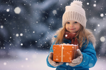 雪地中拿着礼物的女孩背景图片
