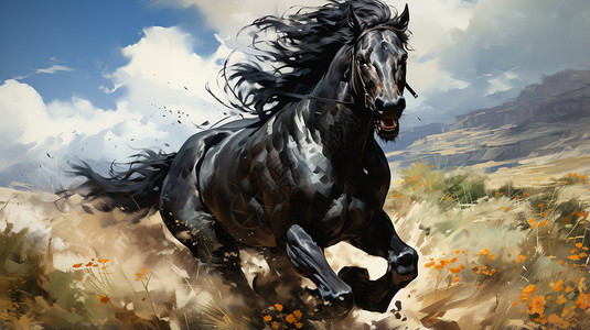 奔跑的黑马插画背景图片