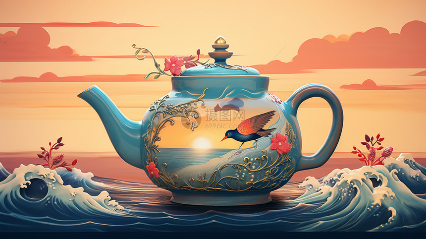 海景上的茶壶插图图片