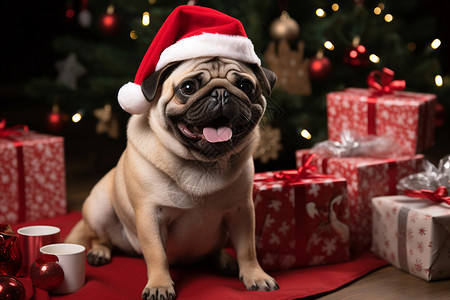 圣诞树旁的圣诞帽巴哥犬图片