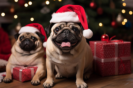 圣诞节装饰的巴哥犬图片