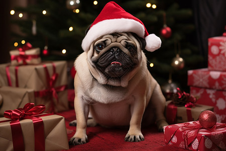 可爱圣诞树庆祝圣诞节的家养巴哥犬背景