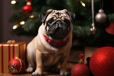 圣诞礼物旁的巴哥犬图片