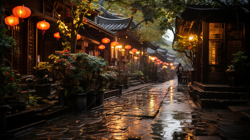 雨中的古典城镇街道图片