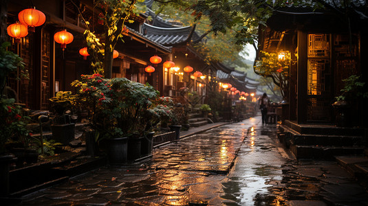 雨中的古典城镇街道背景图片