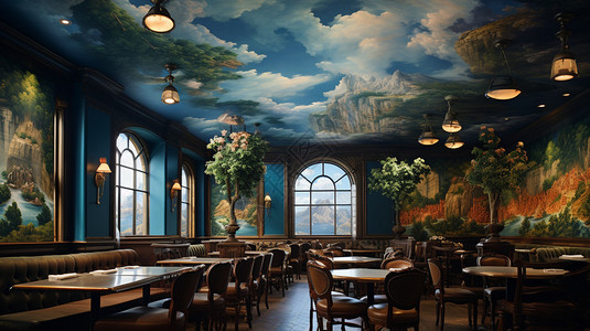 手绘墙壁古典欧式餐厅背景图片