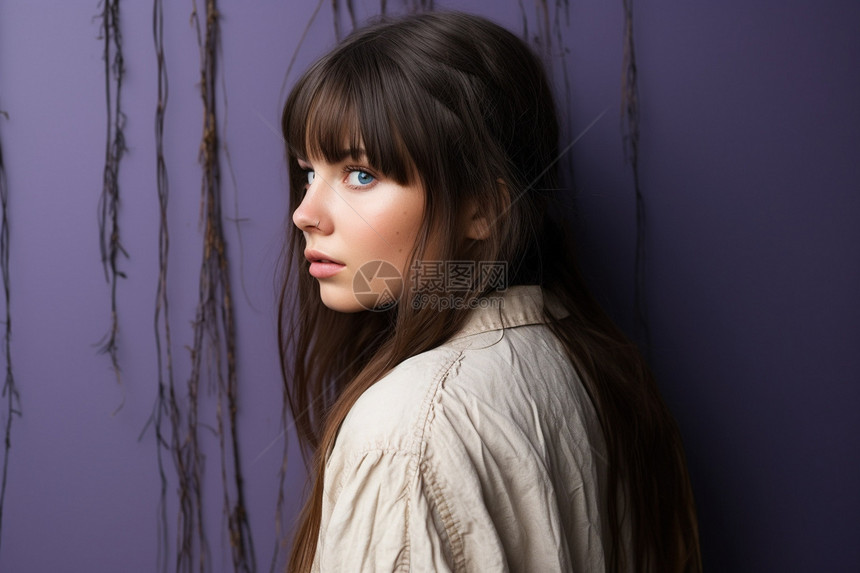 女子立于紫色背景墙前图片