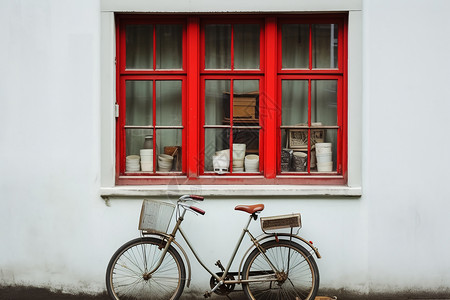 自行车停靠窗户旁停靠的自行车背景