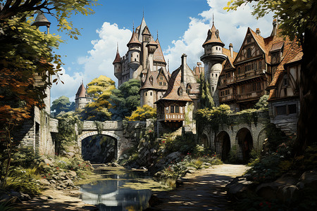 神奇的中世纪城堡油画背景图片