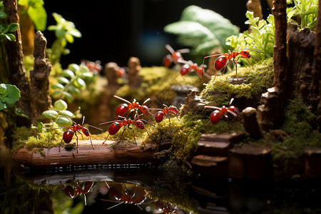 蚂蚁与绿植互动的微观生态高清图片