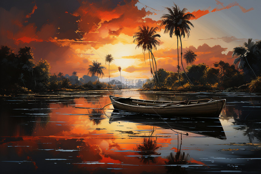日落时分河上的木船图片
