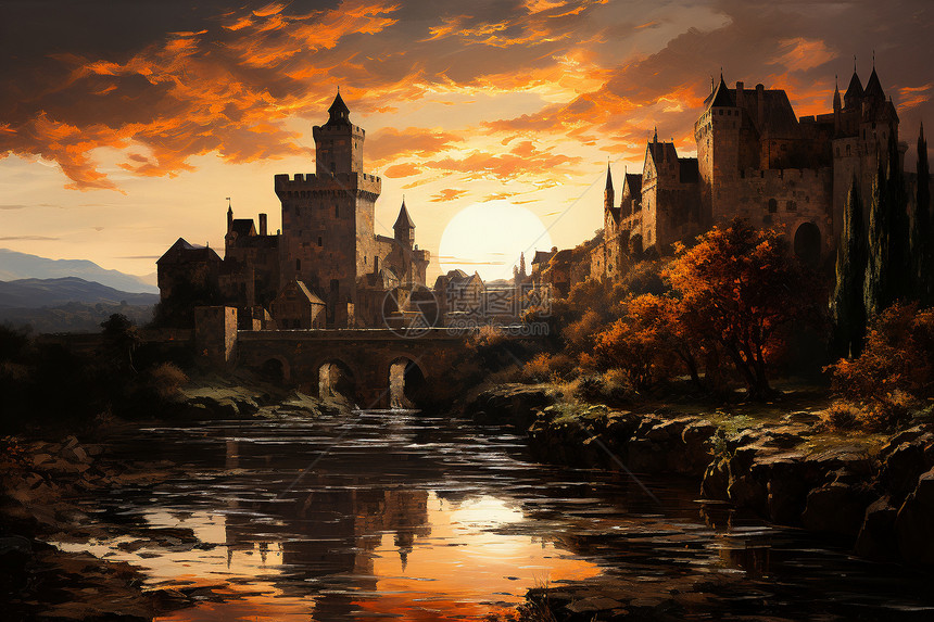 日落下的中世纪城堡图片