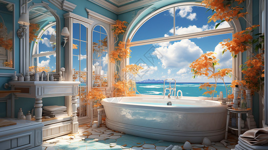 海边室内住宅内的浴室插画
