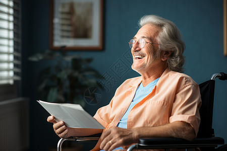 护理保险坐在轮椅上微笑的老年妇人背景