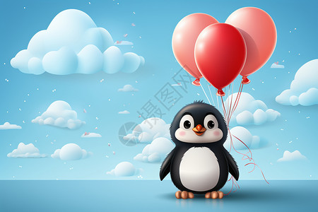 快乐的小企鹅贴纸在明亮天空下放飞气球图片