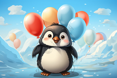 小蓝企鹅快乐的小企鹅在蓝天下放风筝插画