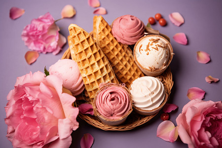 冰淇淋车桌上的冰淇淋和花朵背景