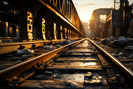 夕阳映照下的铁路高架桥背景图片