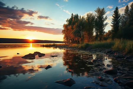 湖畔美丽的夕阳图片